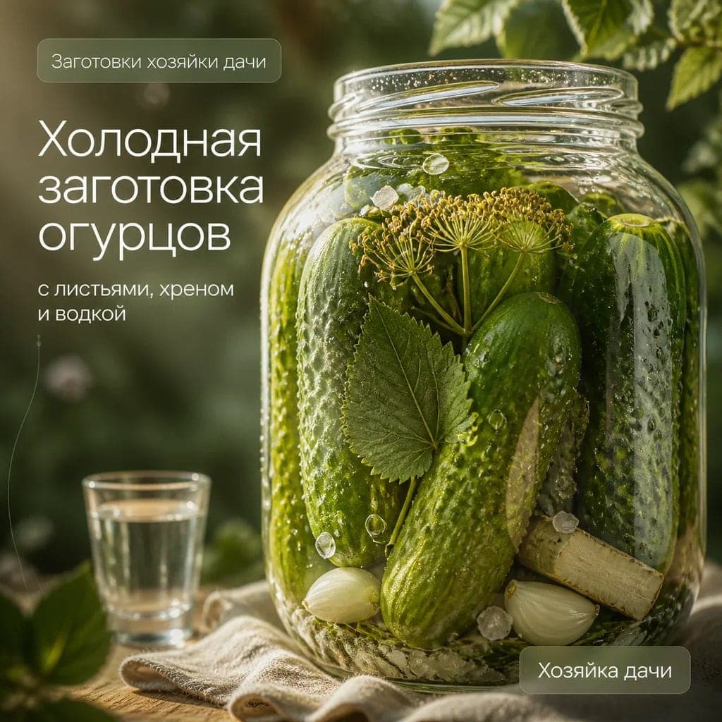 Холодная заготовка огурцов с листьями, хреном и водкой