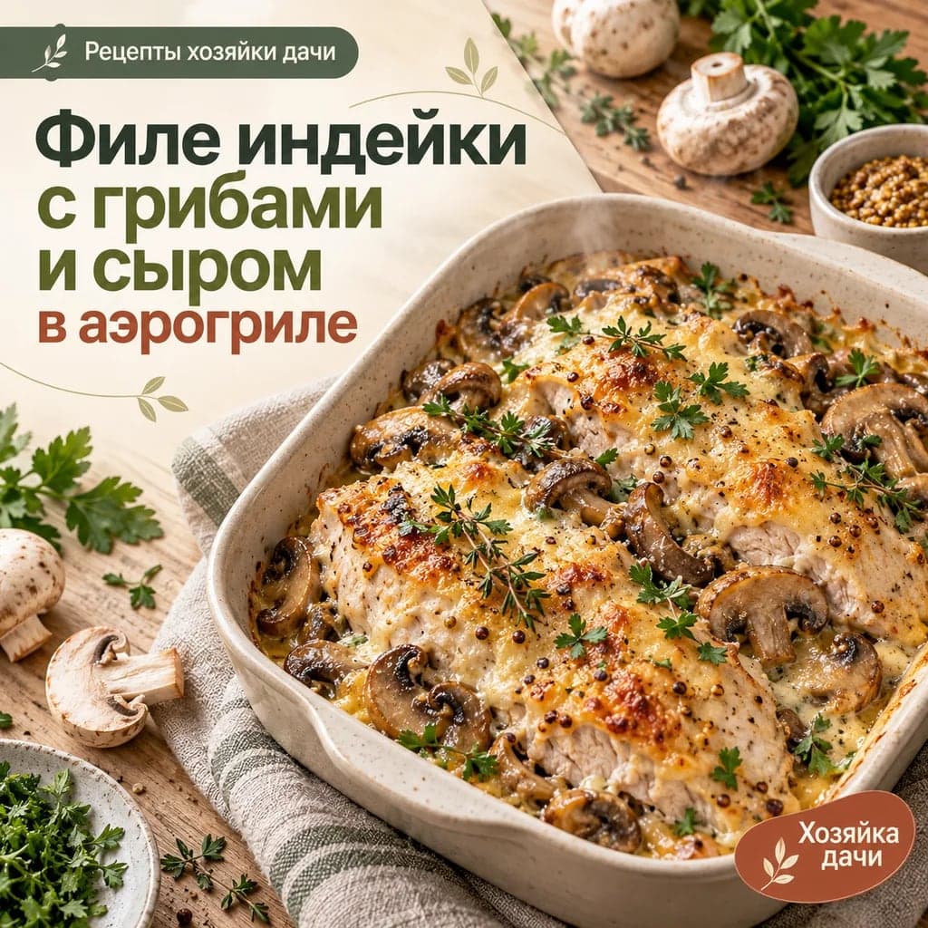 Филе индейки с грибами и сыром в аэрогриле