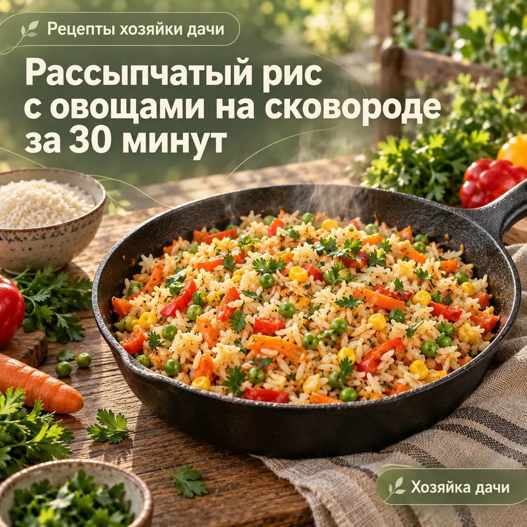 Рассыпчатый рис с овощами на сковороде за 30 минут