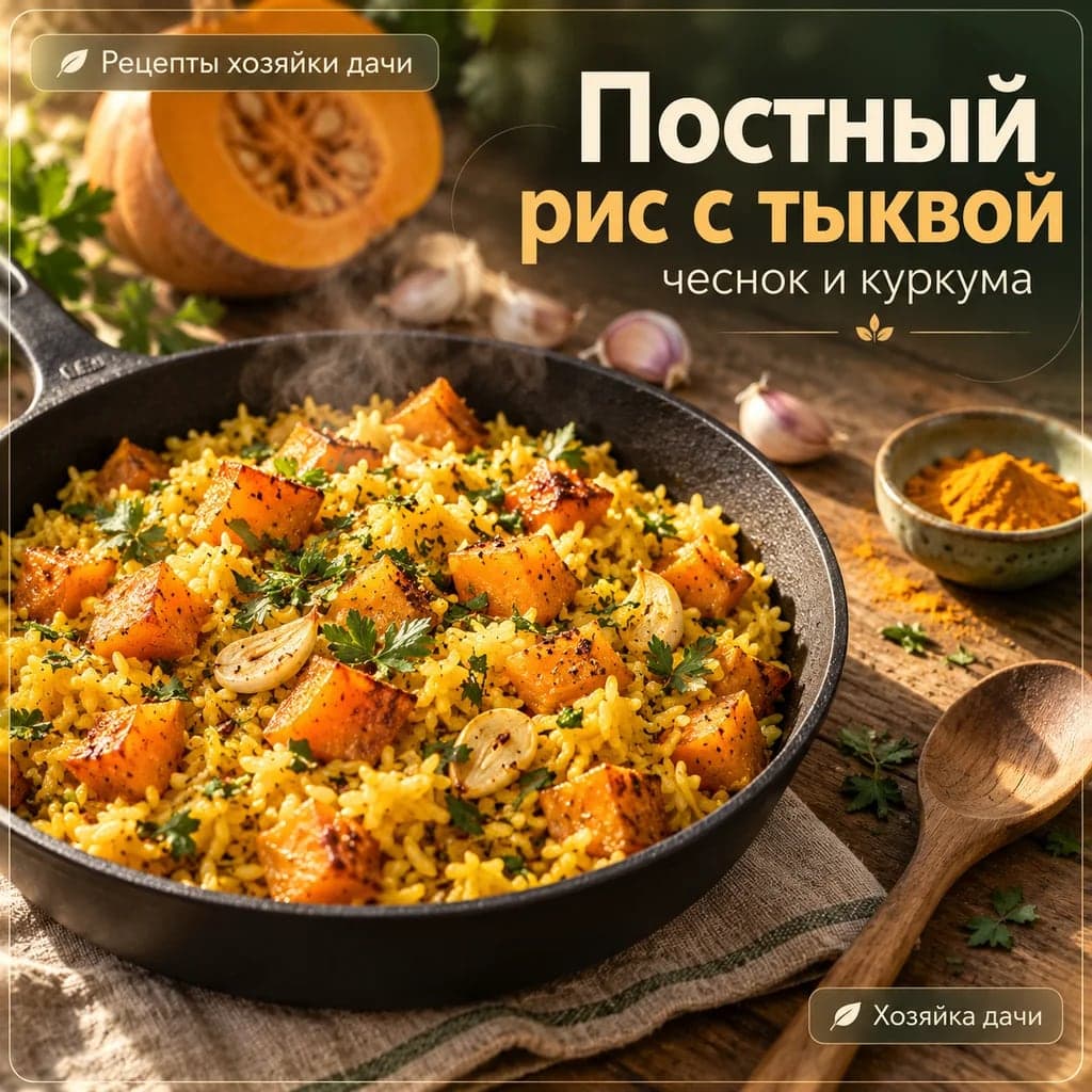 Постный рис с тыквой, чесноком и куркумой на сковороде