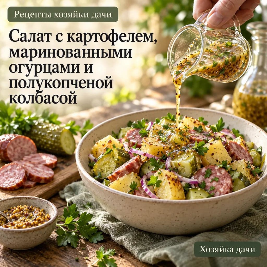 Салат с картофелем, маринованными огурцами и полукопченой колбасой