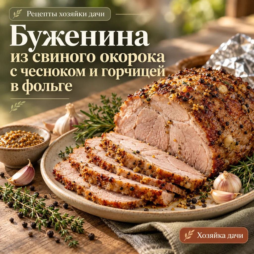 Буженина из свиного окорока с чесноком и горчицей в фольге