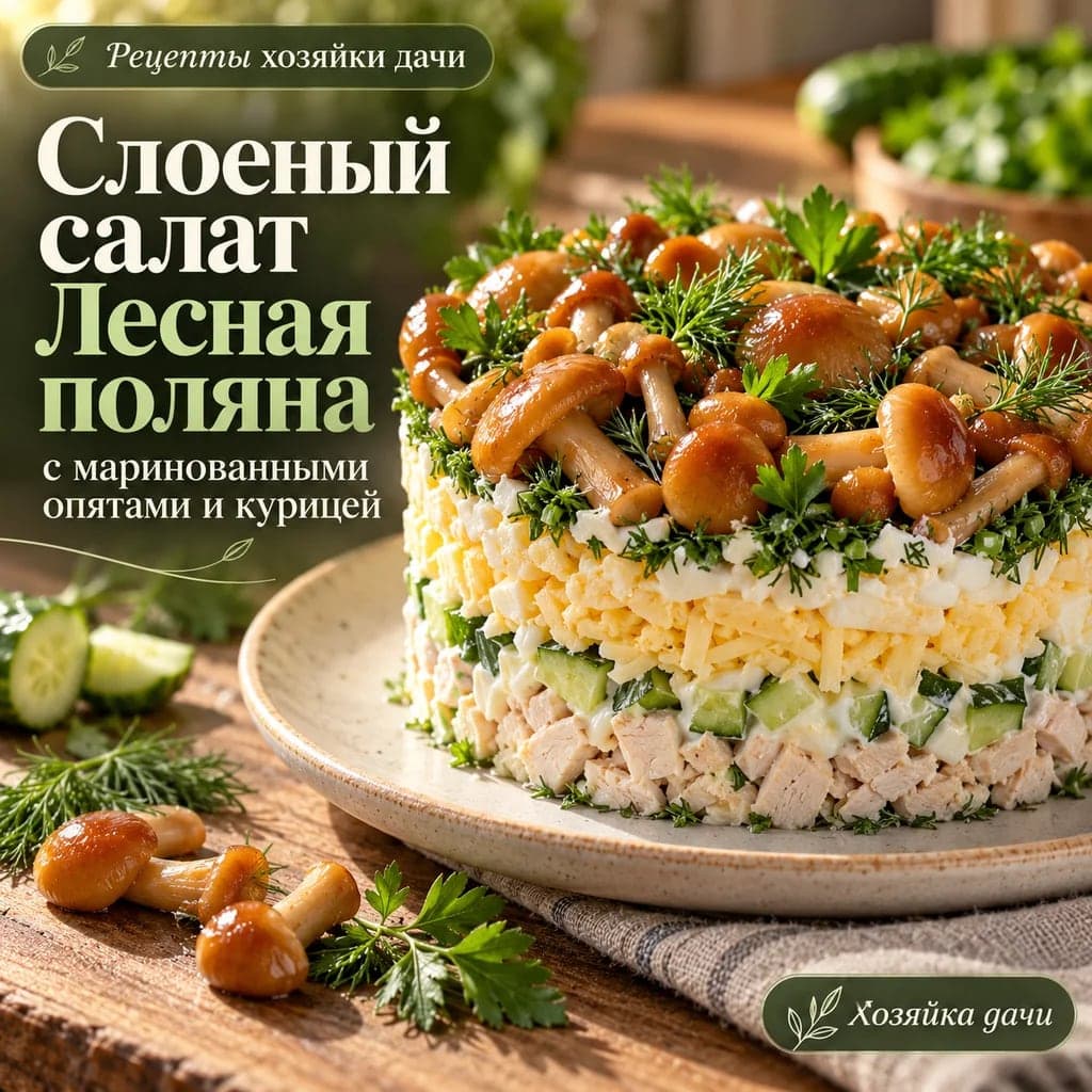 Слоеный салат Лесная поляна с маринованными опятами и курицей