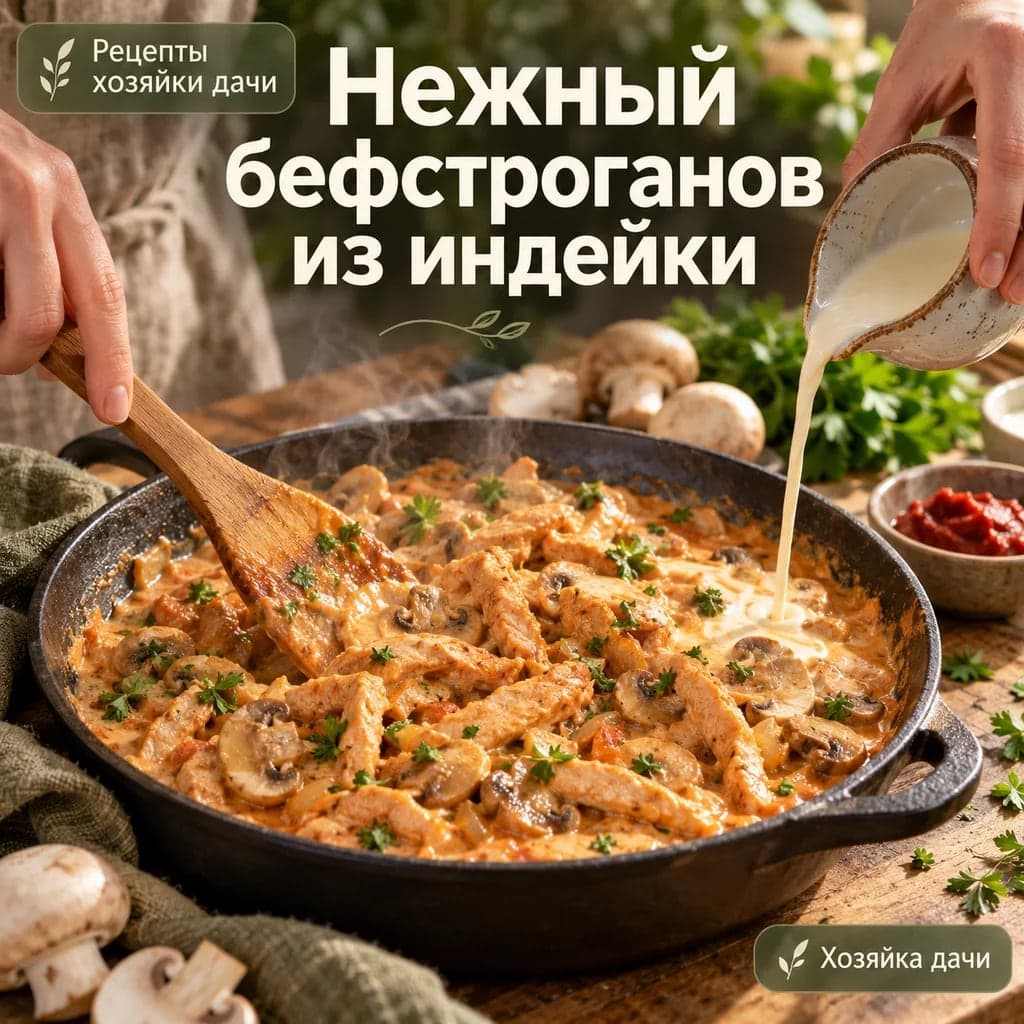 Нежный бефстроганов из индейки с шампиньонами в сливочном соусе