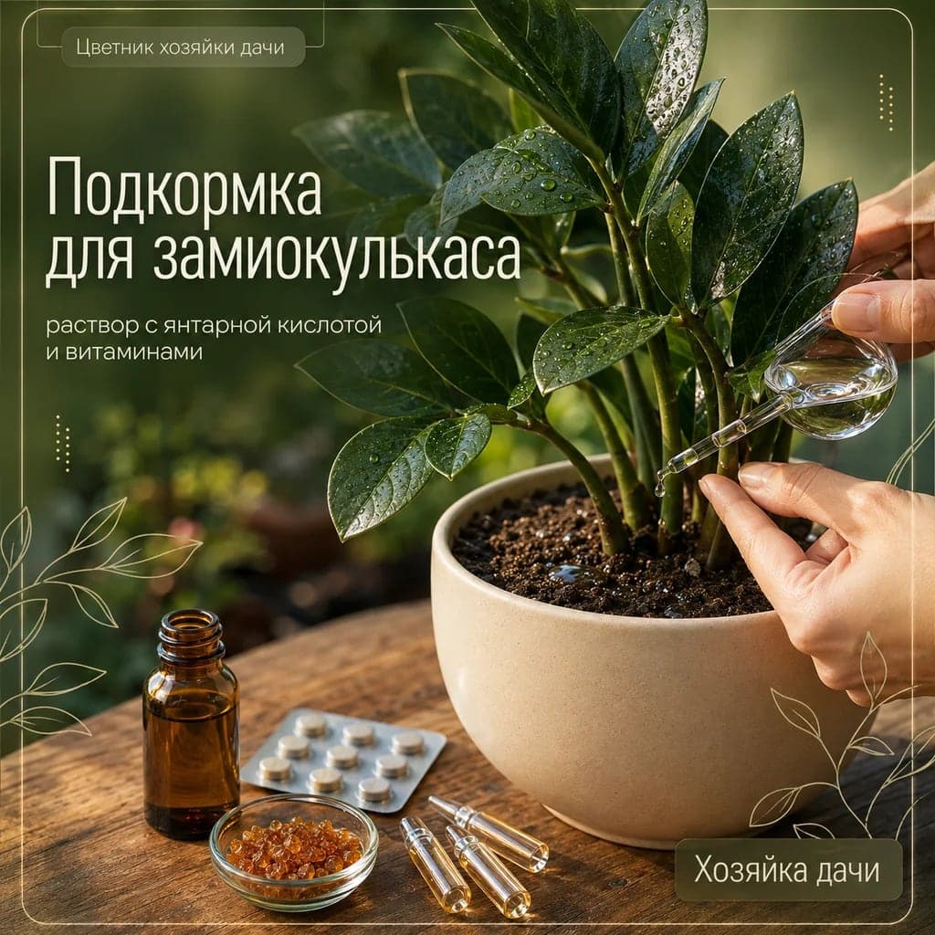 Замиокулькас советуют подкормить раствором с Аспаркамом, янтарной кислотой и витаминами