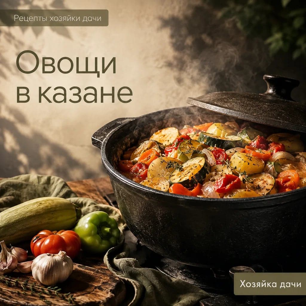 Овощи в казане тушеные на плите