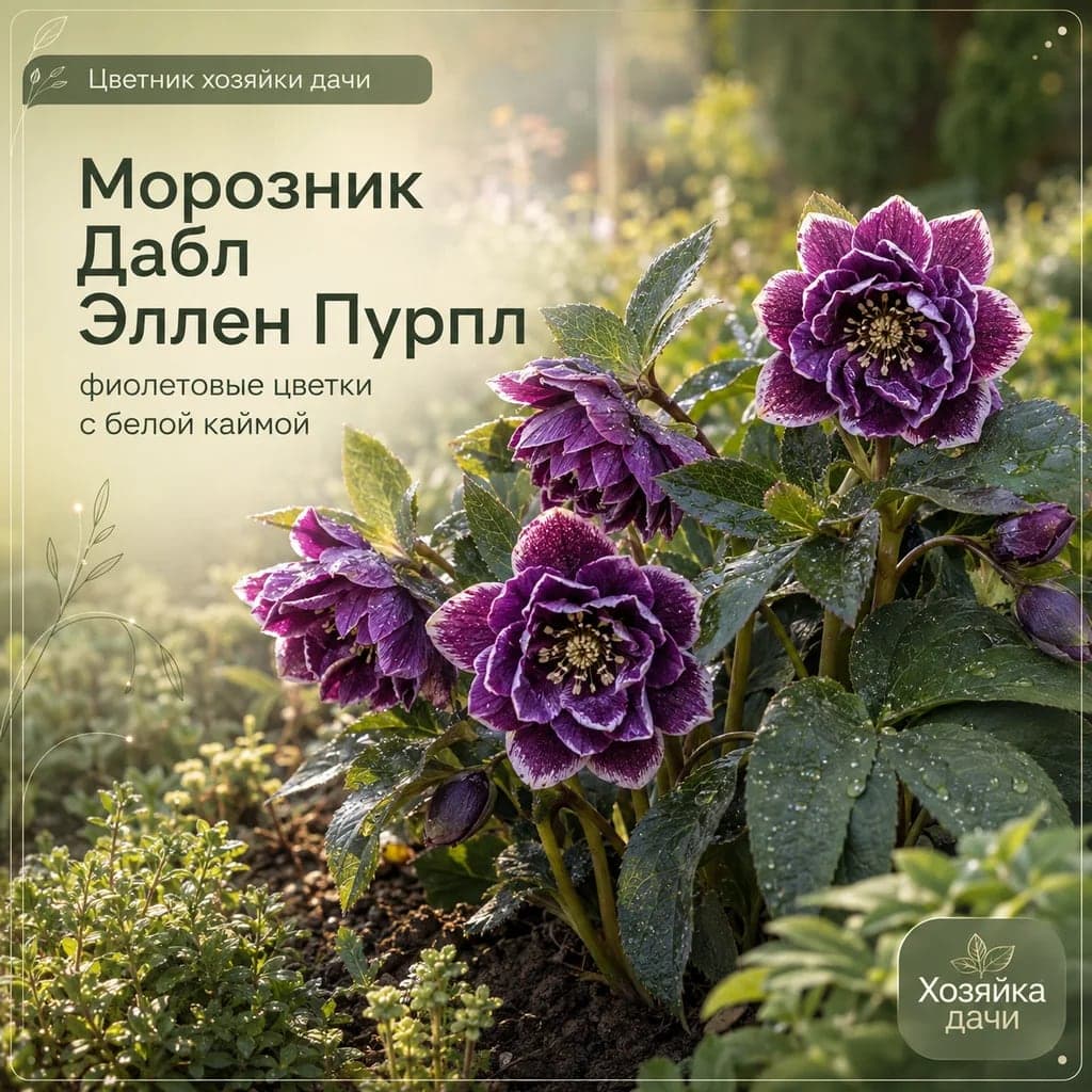 Морозник Дабл Эллен Пурпл: фиолетовые цветки с белой каймой для цветника