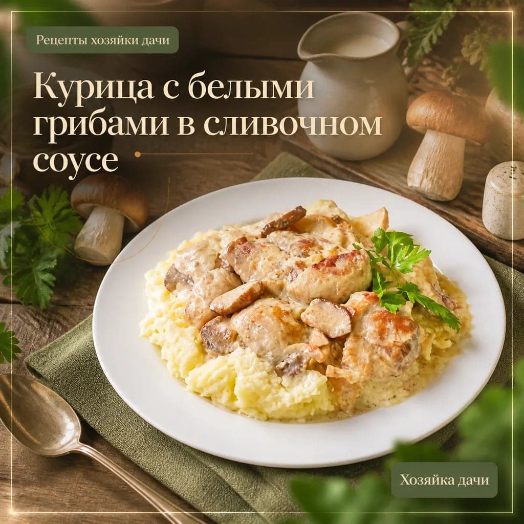Курица с белыми грибами в сливочном соусе