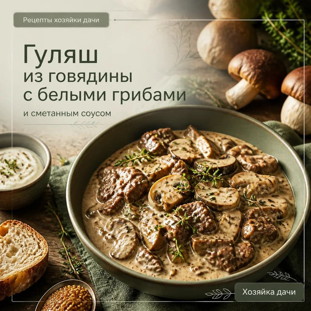 Гуляш из говядины с белыми грибами и сметанным соусом