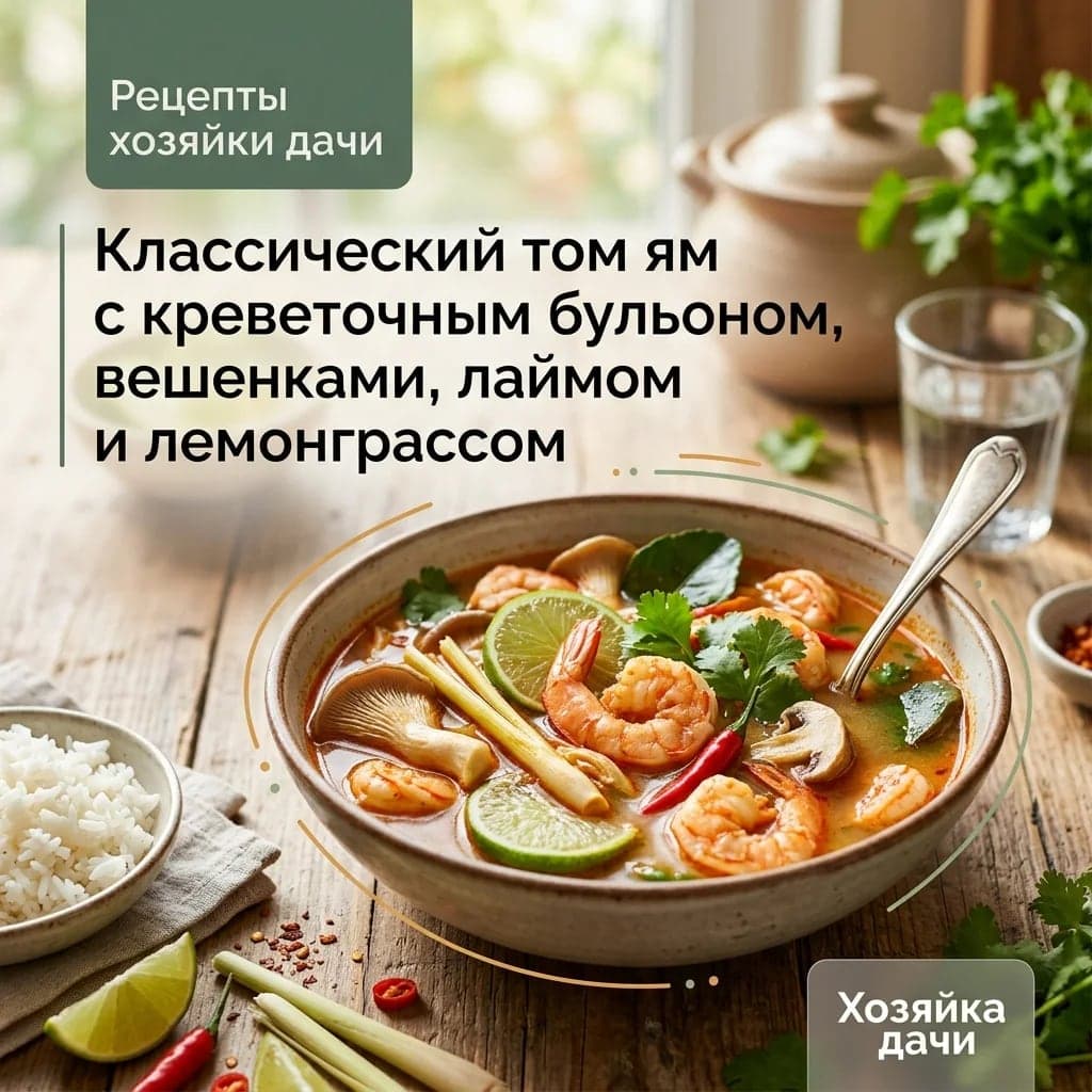 Классический том ям с креветочным бульоном, вешенками, лаймом и лемонграссом