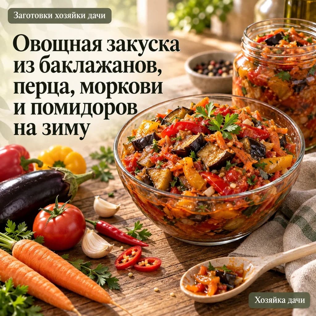 Овощная закуска из баклажанов, перца, моркови и помидоров на зиму