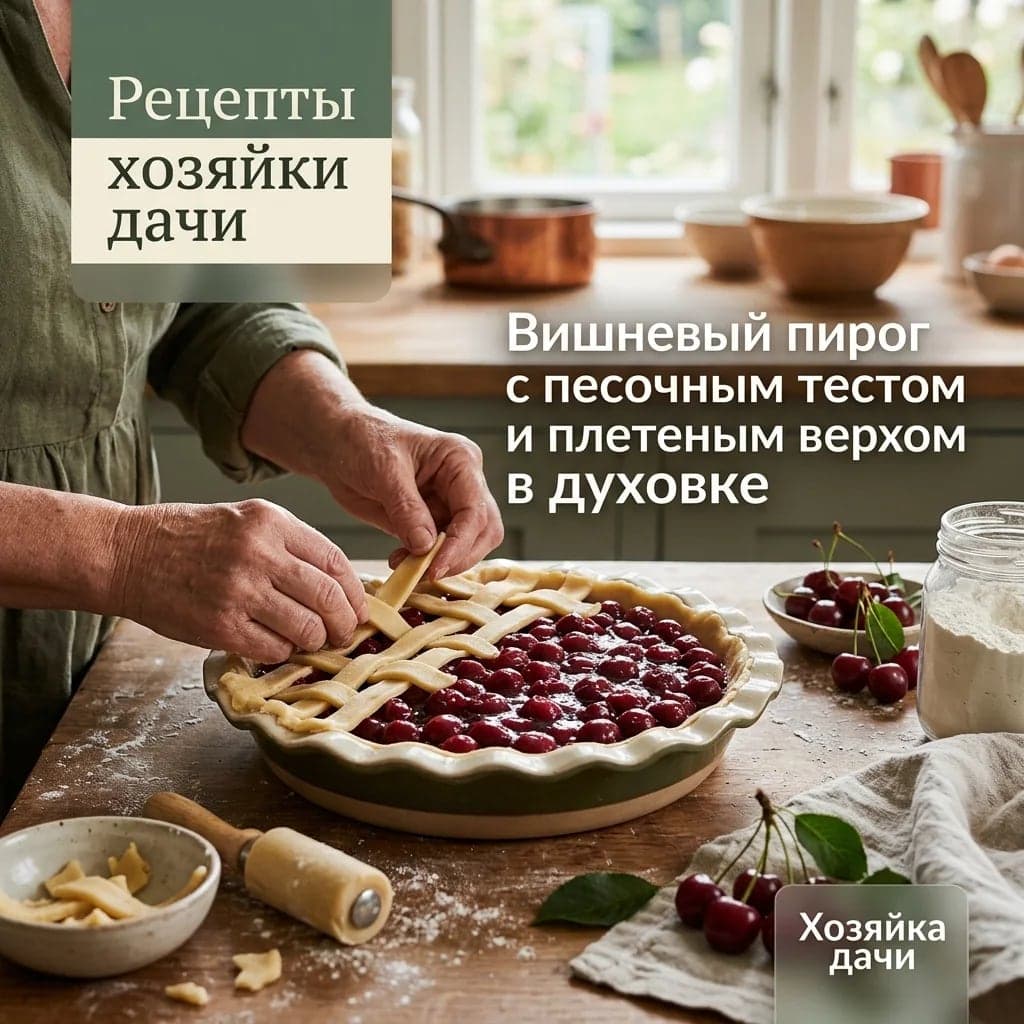 Вишневый пирог с песочным тестом и плетеным верхом в духовке