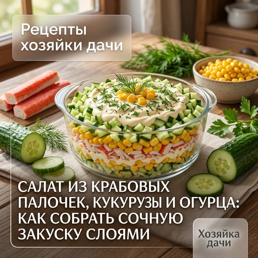 Салат из крабовых палочек, кукурузы и огурца: как собрать сочную закуску слоями