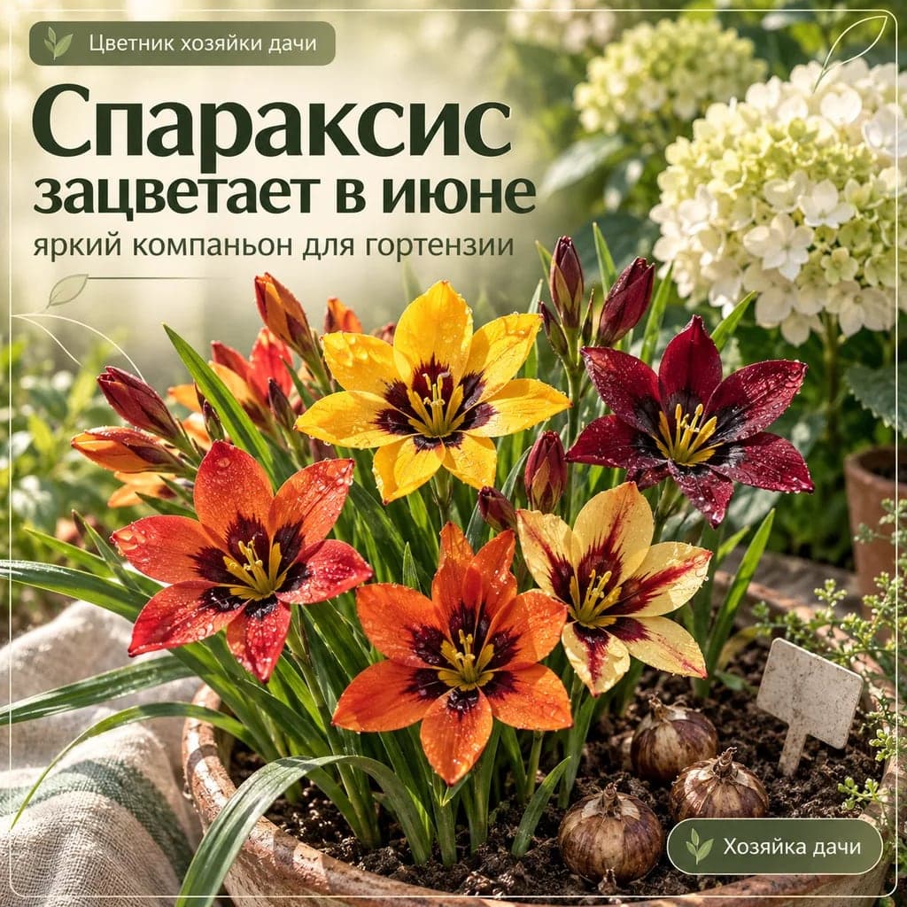 Спараксис зацветает в июне: яркий компаньон для гортензии