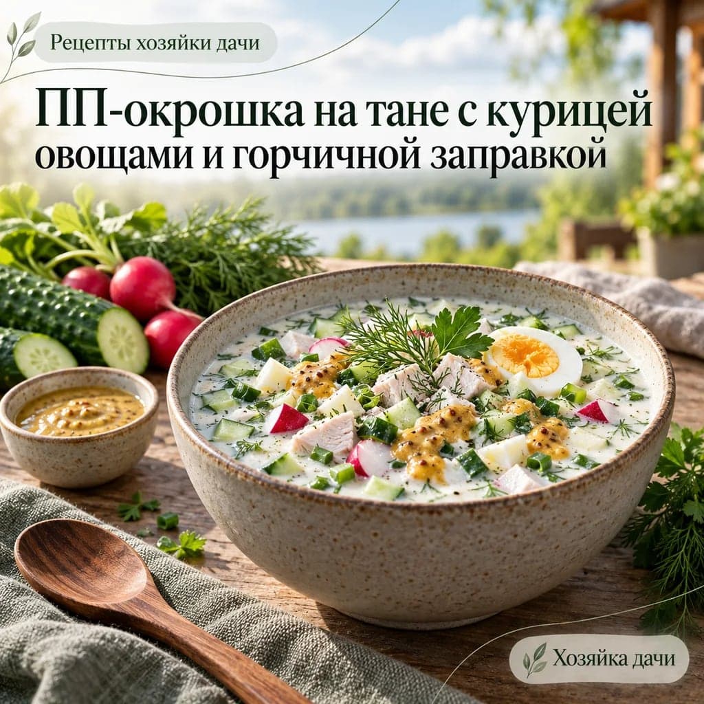 ПП-окрошка на тане с курицей, овощами и горчичной заправкой