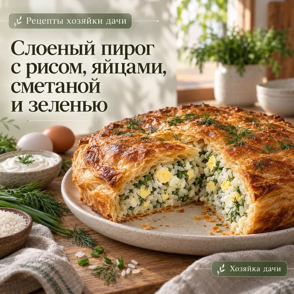 Слоеный пирог с рисом, яйцами, сметаной и зеленью