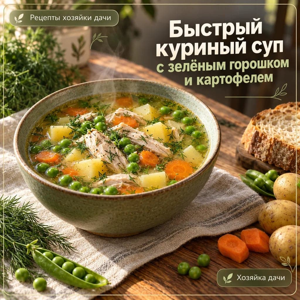Быстрый куриный суп с зелёным горошком и картофелем