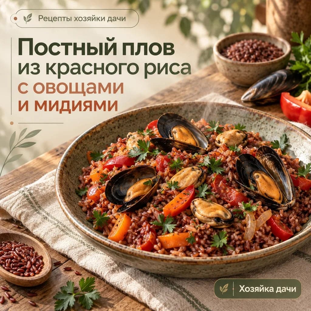 Постный плов из красного риса с овощами и мидиями