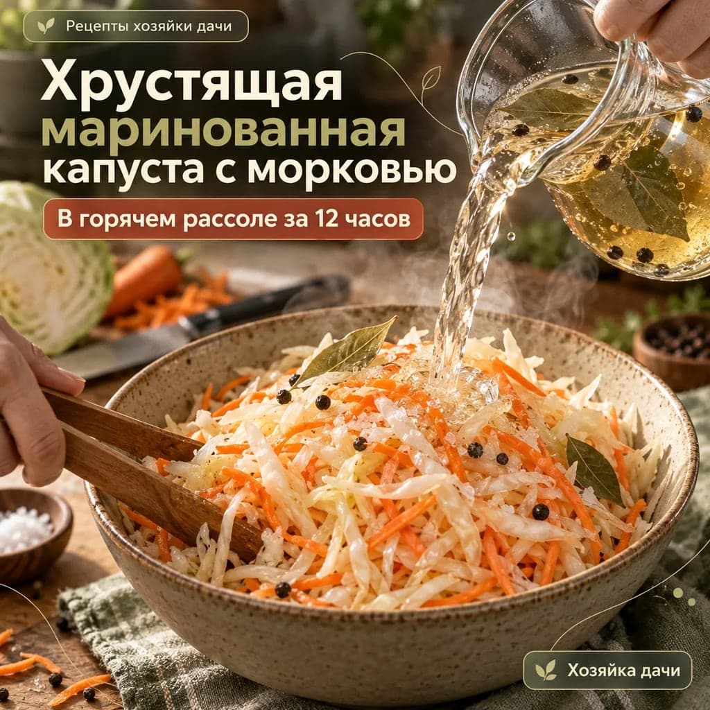 Хрустящая маринованная капуста с морковью в горячем рассоле за 12 часов