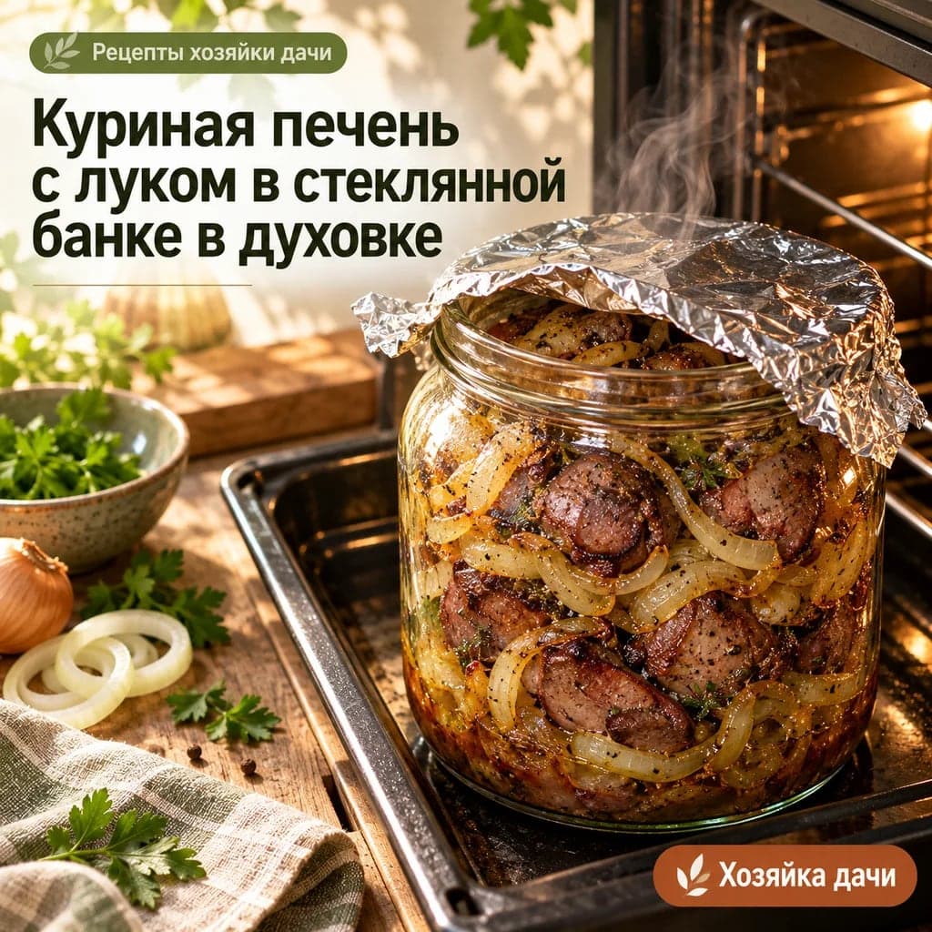 Куриная печень с луком в стеклянной банке в духовке