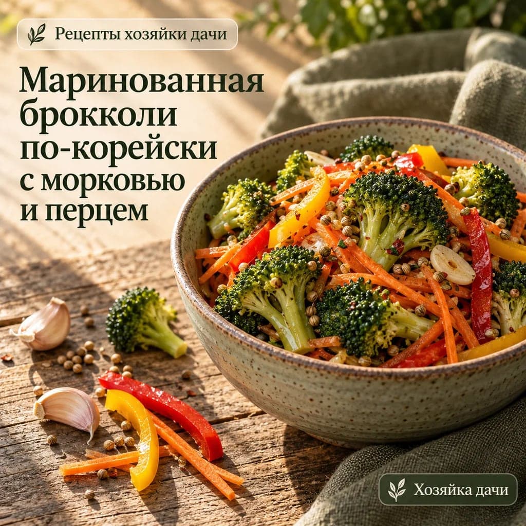 Маринованная брокколи по-корейски с морковью и перцем