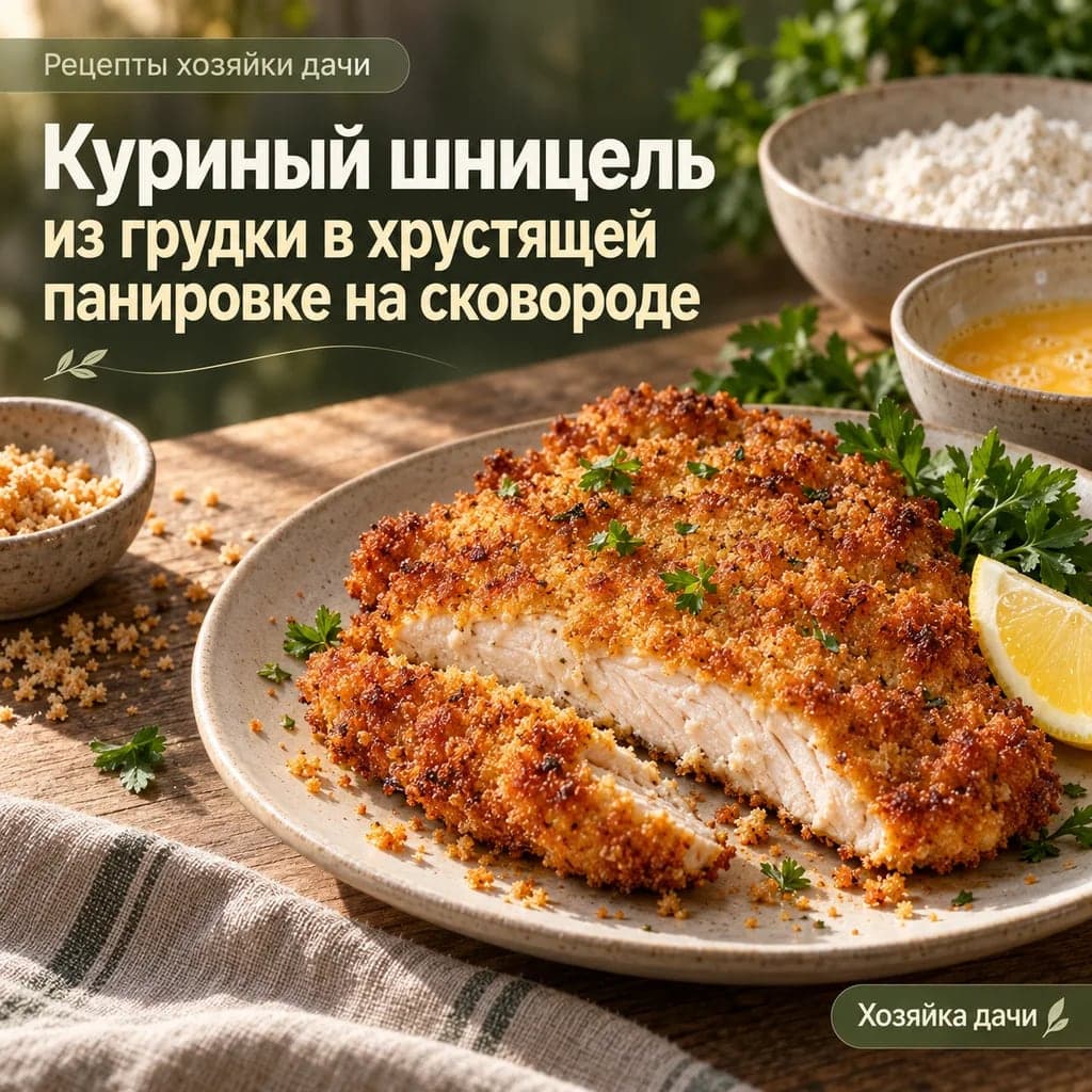Куриный шницель из грудки в хрустящей панировке на сковороде