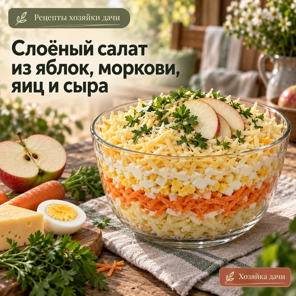 Слоёный салат из яблок, моркови, яиц и сыра