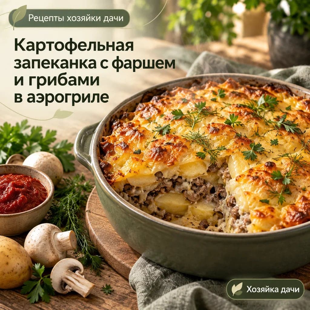 Картофельная запеканка с фаршем и грибами в аэрогриле