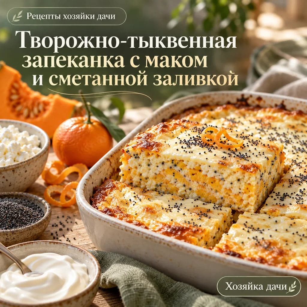 Творожно-тыквенная запеканка с маком и сметанной заливкой