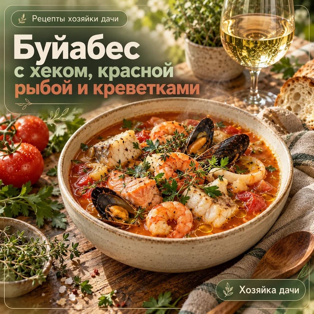 Буйабес с хеком, красной рыбой, креветками и белым вином