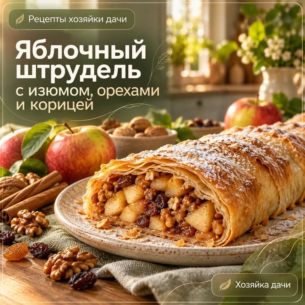 Классический яблочный штрудель с изюмом, орехами и корицей