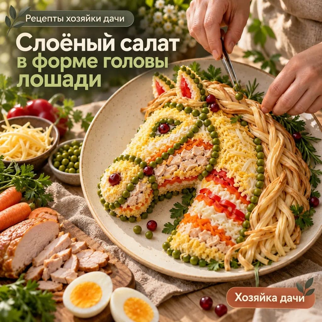 Слоёный салат в форме головы лошади с копчёной курицей