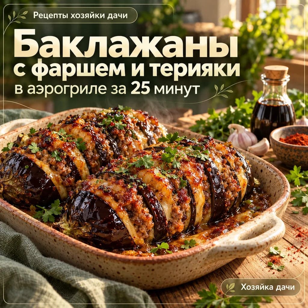 Баклажаны с фаршем и терияки запекают в аэрогриле за 25 минут
