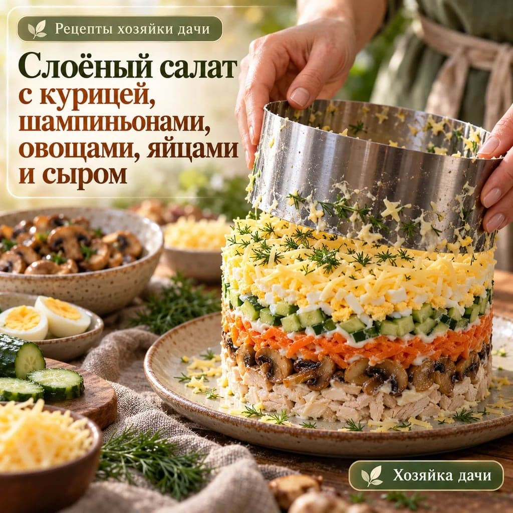 Слоёный салат с курицей, шампиньонами, овощами, яйцами и сыром