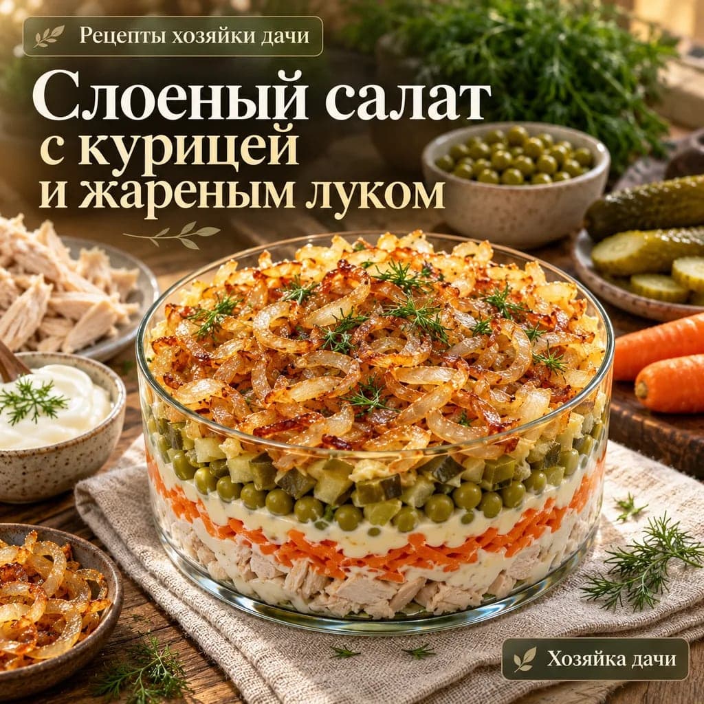 Слоеный салат с курицей, солеными огурцами и жареным луком