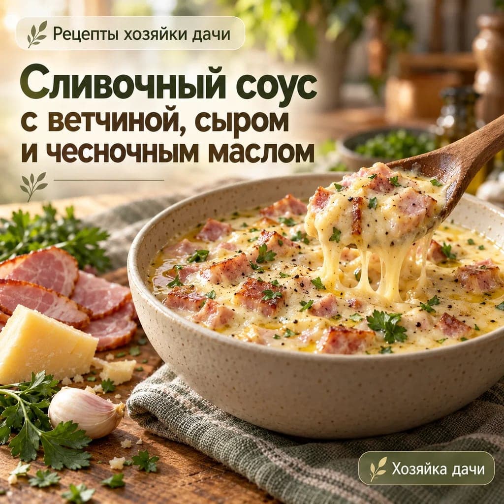 Сливочный соус с ветчиной, сыром и чесночным маслом