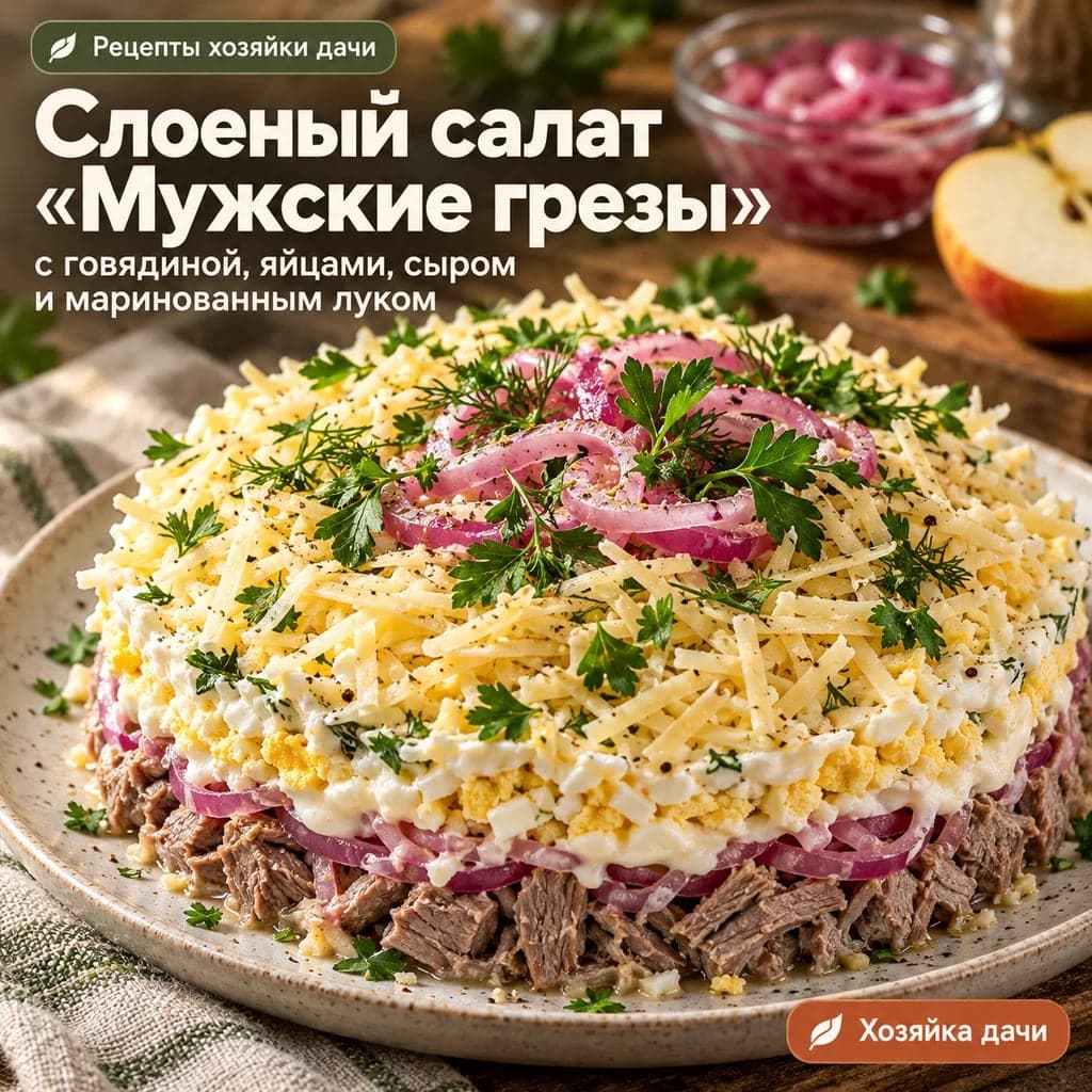 Слоеный салат «Мужские грезы» с говядиной, яйцами, сыром и маринованным луком