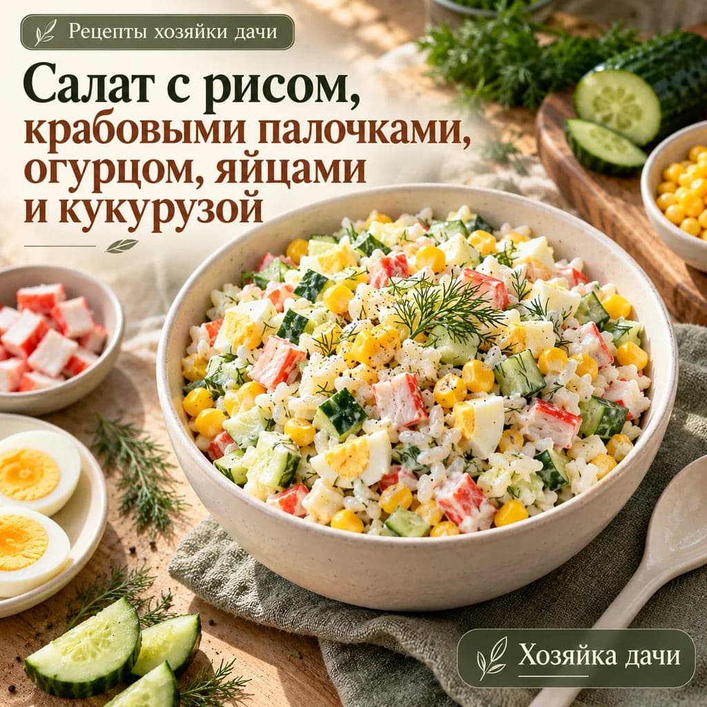 Салат с рисом, крабовыми палочками, огурцом, яйцами и кукурузой