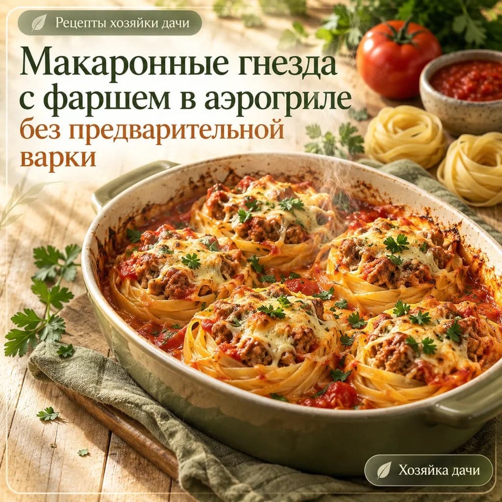 Макаронные гнезда с фаршем в аэрогриле без предварительной варки