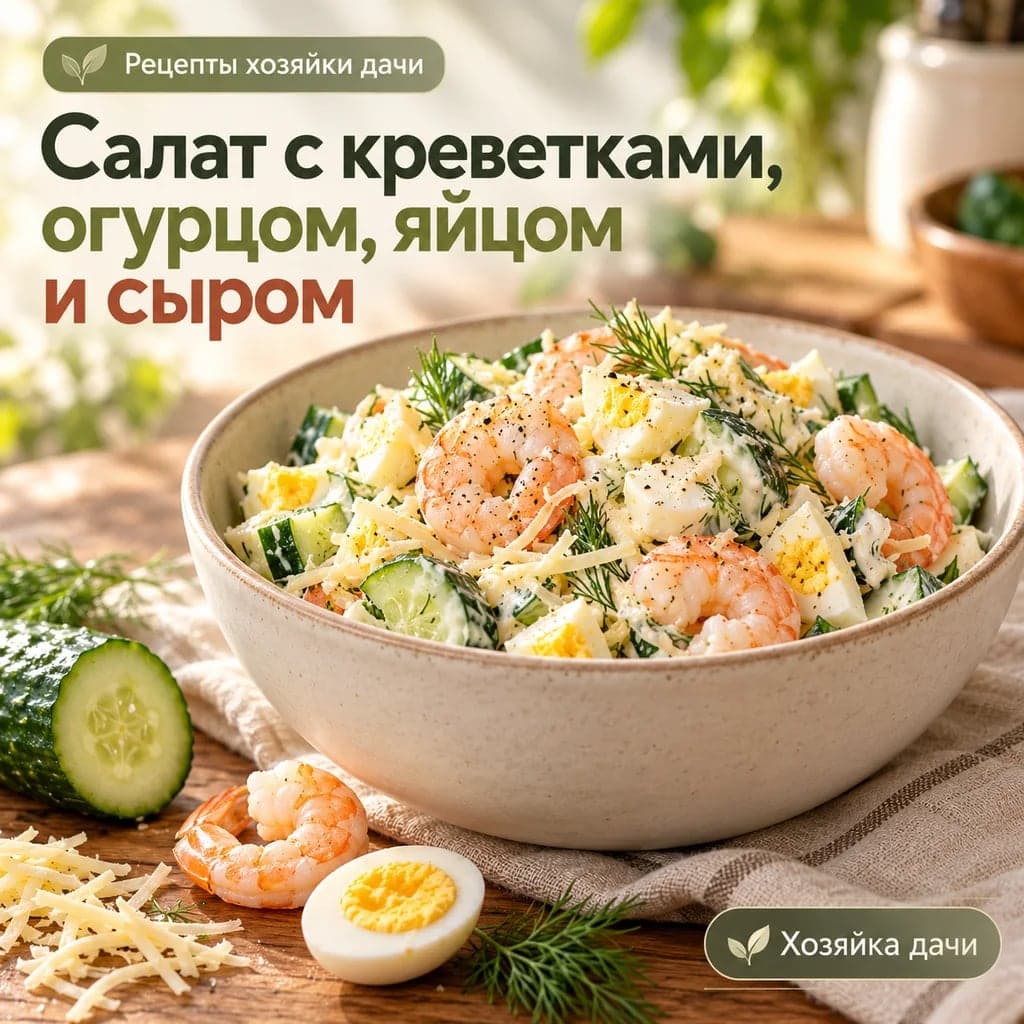 Салат с креветками, огурцом, яйцом и сыром
