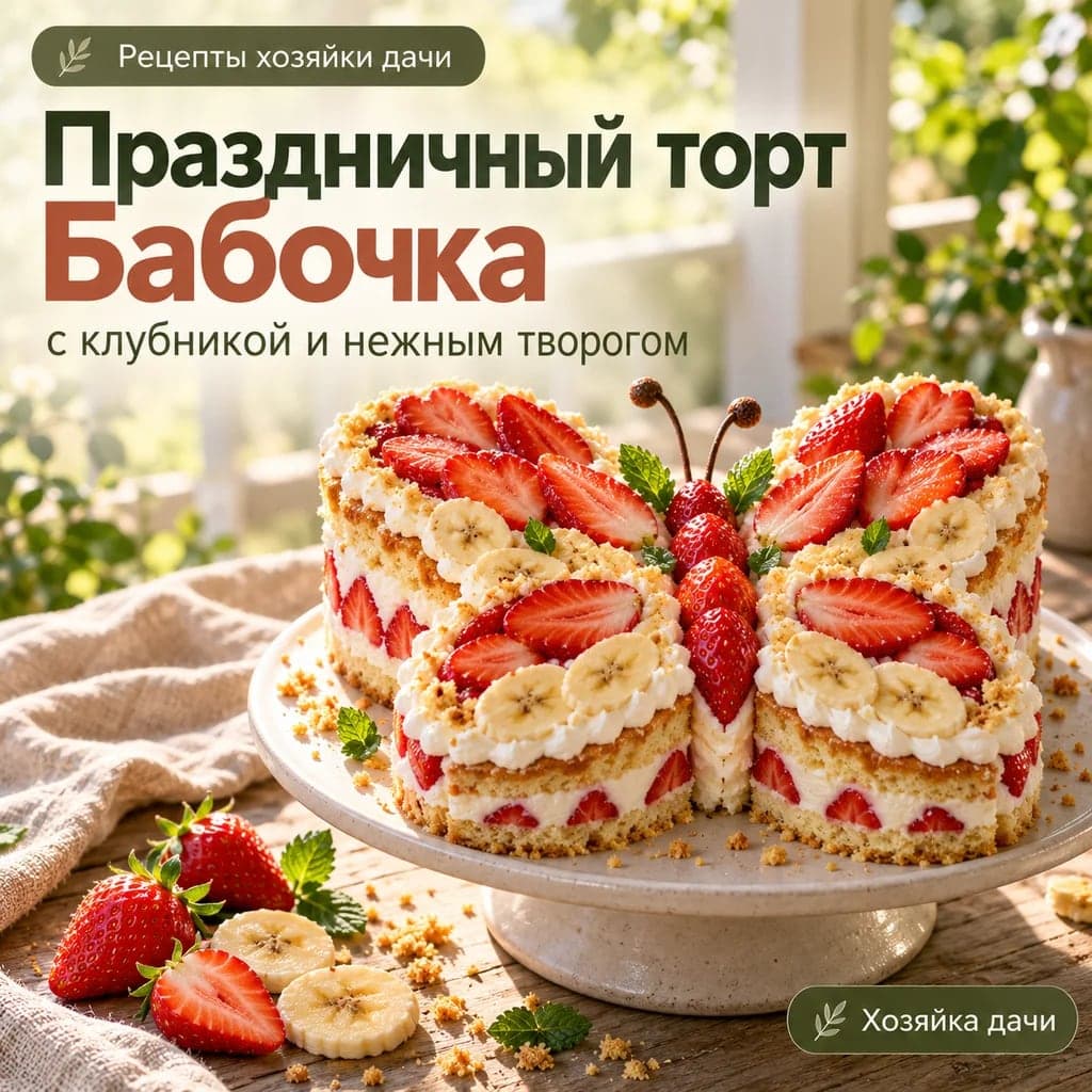 Праздничный торт Бабочка с клубникой и нежным творогом