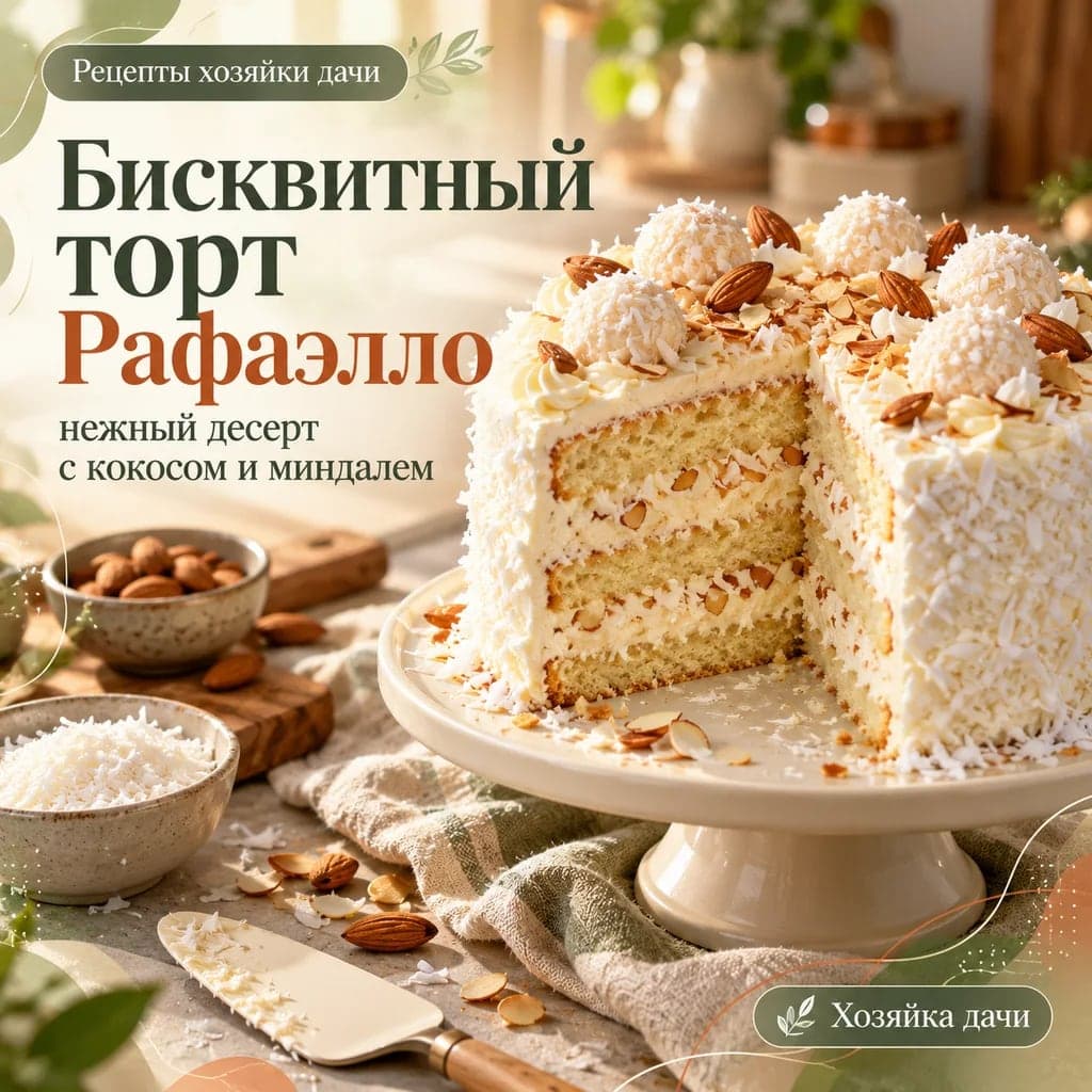 Бисквитный торт Рафаэлло: пошаговый рецепт нежного десерта с кокосом и миндалем